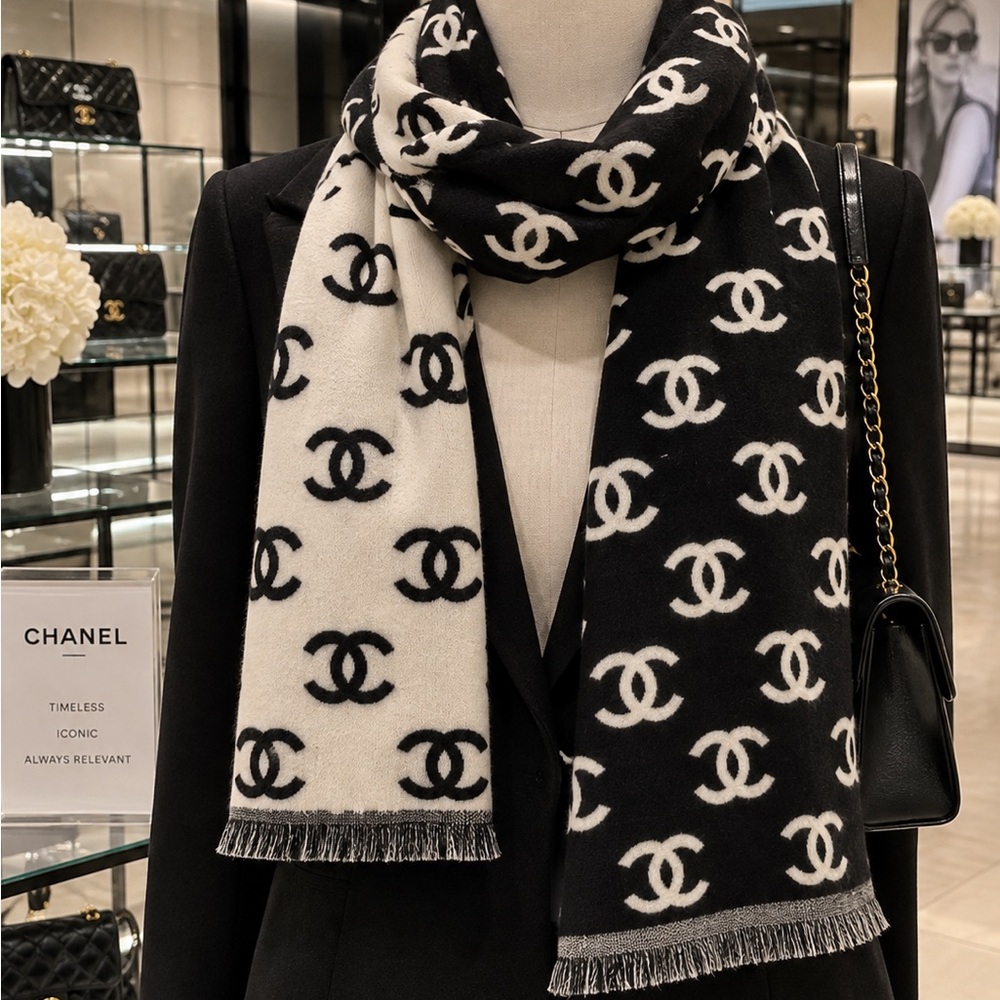 Chanel Black & White Logo Wool Scarf
